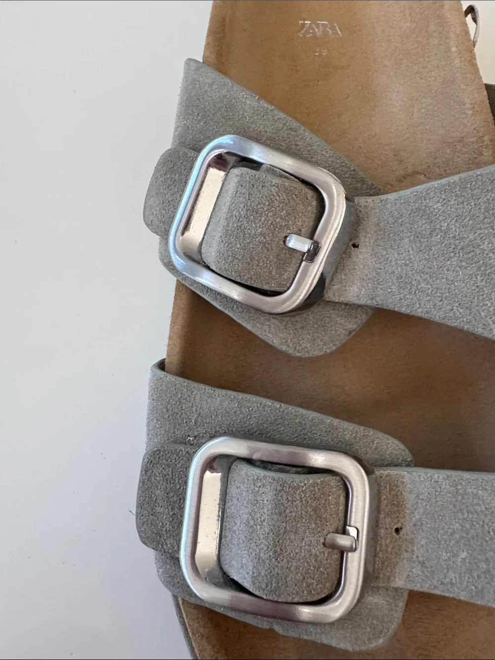 Zara Taupe  Suede Double Buckle Slide Sandals - size 39 - Picture 7 of 8